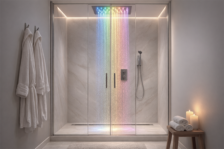 Scopri i benefici della cromoterapia nel bagno: come progettare una doccia con luce colorata per migliorare relax, benessere e valore della casa.